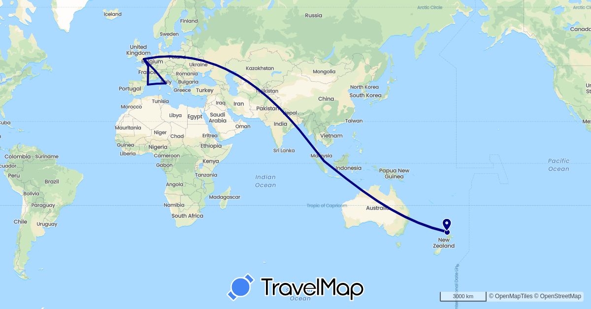 TravelMap itinerary: driving in Spain, France, United Kingdom, Italy, New Zealand, Singapore (Asia, Europe, Oceania)